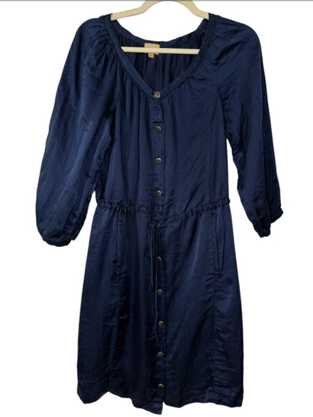Ella Moss Navy Silk/Cotton Blend Long-Sleeve Button-Front Drawstring Dress